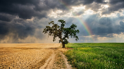 Naklejka premium Tree growing on dry cracked earth and green field under changing sky with rainbow, concept of climate change and hope