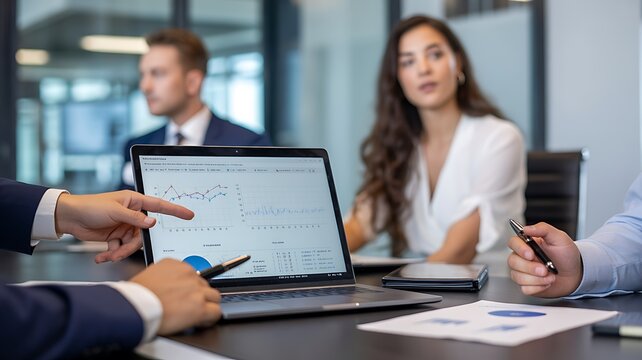 Business professionals reviewing financial charts and reports during office meeting