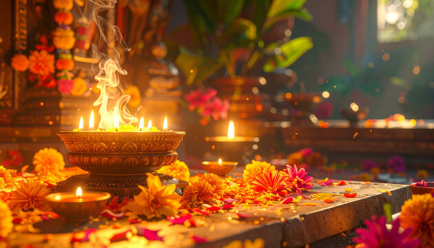 Traditional Indian Home Prayer Corner with Diyas Flowers and Spiritual Decor