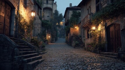 Fototapeta premium Tranquil cobblestone alleyway illuminated by warm lanterns in an old European town