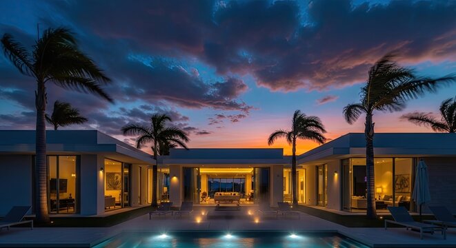 Modern luxury home exterior with swimming pool palm trees and evening sky