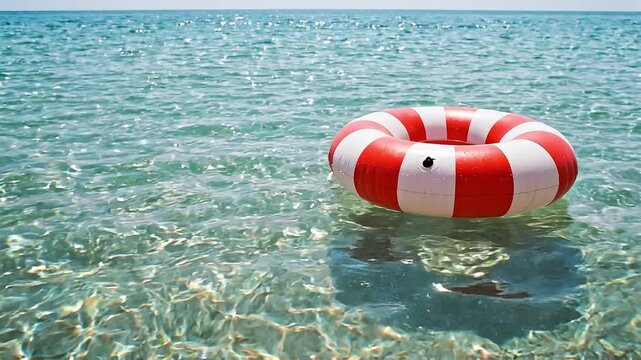 Tracking slow motion pan of lifebuoy drifting and bobbing on shallow turquoise sea surface near sandy beach during bright summer daytime calm minimal scene