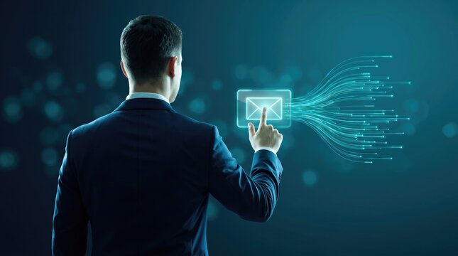 Futuristic digital email marketing concept, businessman touching glowing mail icon on virtual screen, secure corporate communication and data transfer