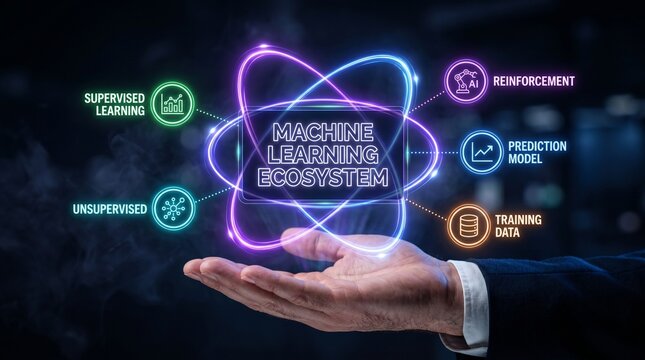 Machine learning ecosystem concept with human hand and neon atom
