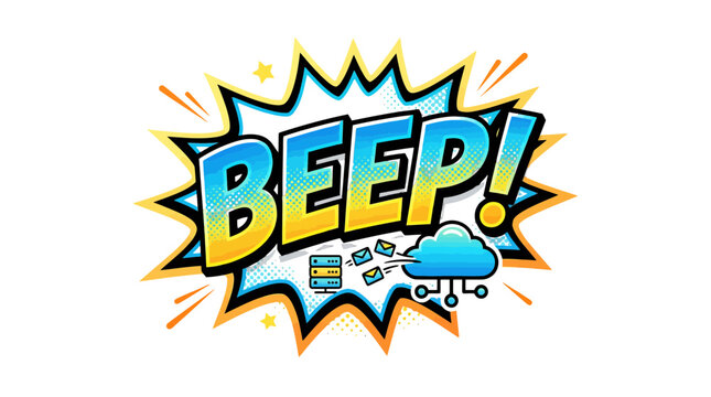 Vibrant comic style vector illustration featuring the word beep in bold blue and yellow lettering with digital server cloud icons