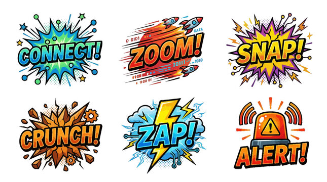 Vibrant collection of six colorful comic book style vector graphic speech bubbles featuring dynamic sound effects and technical action words