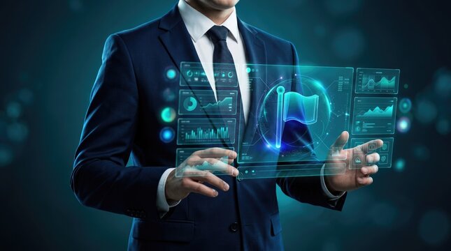 Futuristic business strategy concept with businessman interacting with digital flag icon, corporate leadership and goal achievement on virtual screen