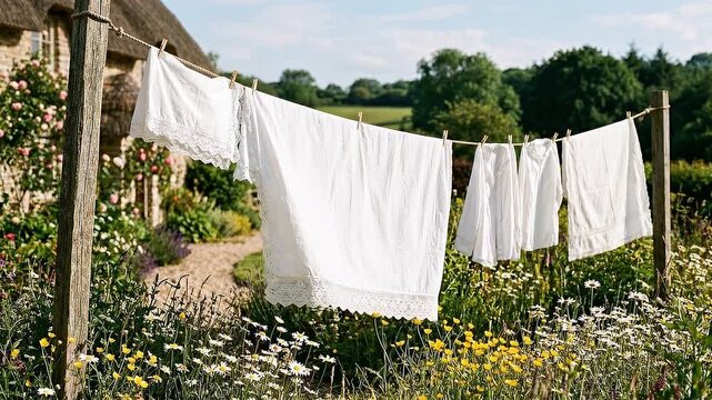 Panning shot of white laundry billowing on clothesline across cottage garden path with wildflowers and thatched house in countryside under sunny summer sky and gentle breeze