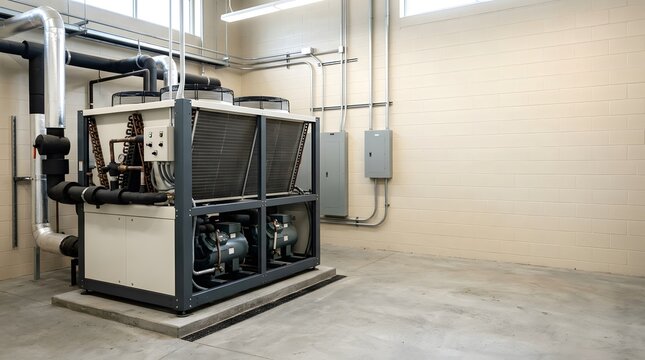 industrial hvac chiller system supporting commercial climate control and energy efficient building infrastructure with copy space