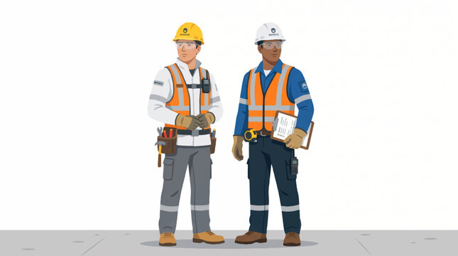 Professional construction team of male and female engineers wearing hard hats and safety gear on a building site.