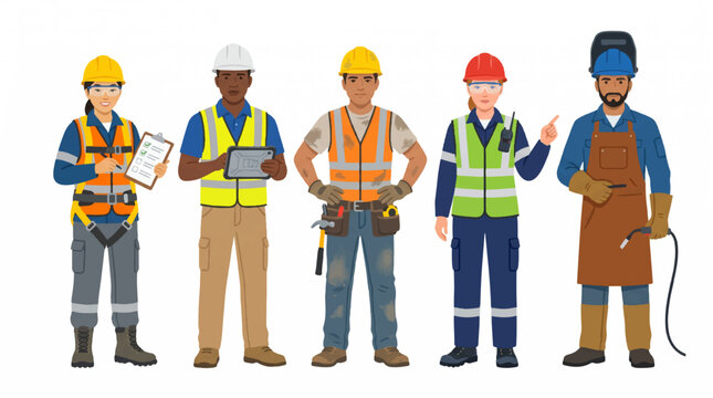 Diverse team of professional construction workers and industrial engineers wearing safety gear and uniforms in flat vector style.
