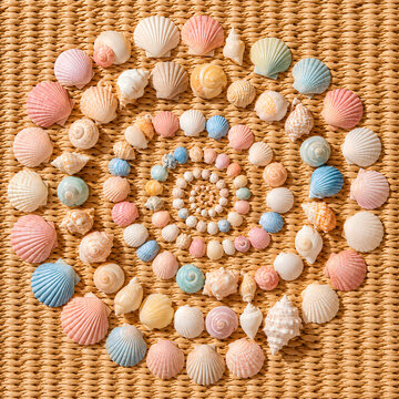 Aesthetic summer flat lay wallpaper of pastel colored seashells arranged in a spiral pattern on a woven raffia mat texture