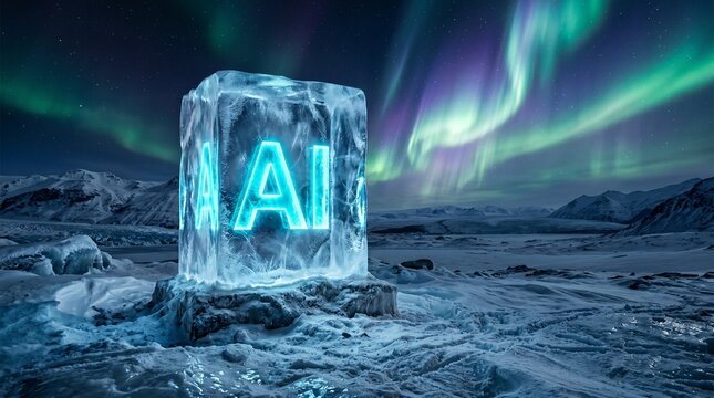 Glowing blue ai logo on ice block in snowy landscape with aurora borealis