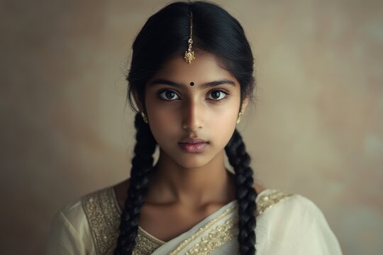 Traditional portrait of a young indian girl with braided hair wearing a bindi and maang tikka