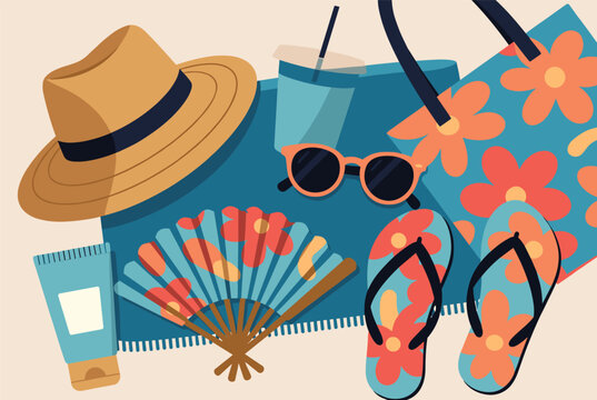 Flat lay of essential summer beach accessories including a sun hat, sunglasses, floral flip flops, sunscreen, and a colorful tote bag.