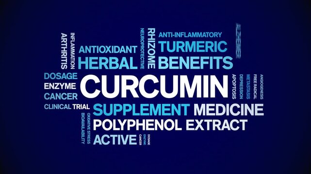 Curcumin animated word cloud-animation tag kinetic typography seamless loop.