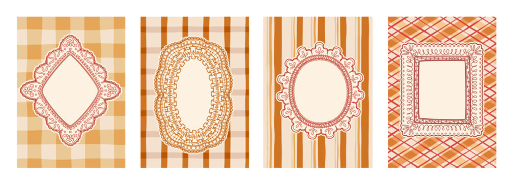 Vintage lace frame with delicate floral pattern on gingham or tartan background. Elegant retro vector borders with frilly texture for wedding cards, romantic invitations in autumn colors