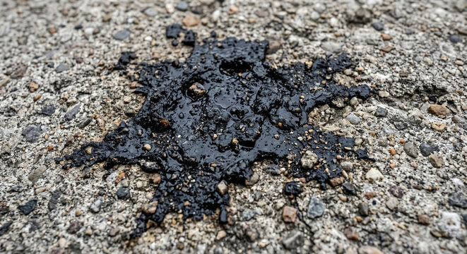 Close-up of fresh asphalt patch on rough concrete surface