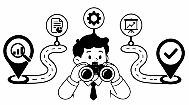 Businessman using binoculars to explore goals and targets.