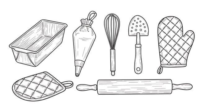 Detailed monochrome illustration of various baking tools loaf pan, piping bag, whisk, spatula, mitts, roller