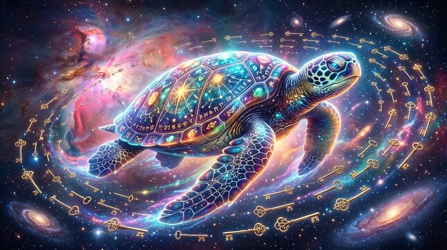 A mystical sea turtle swimming through a vibrant nebula, its shell adorned with glowing constellations, zodiac signs, and floating golden keys