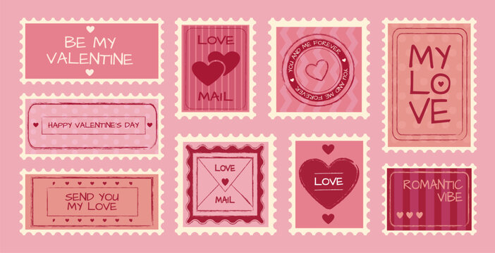 Cute Valentine postage stamp collection with love phrases. Doodle vector illustration of romantic letter envelop icon with heart, and text decorations, vintage postal elements in red and pink colors