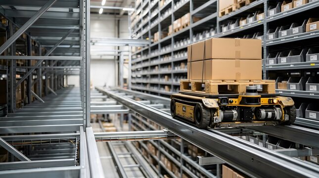 autonomous warehouse shuttle robot transporting palletized inventory through automated fulfillment center for modern supply chain operations and logistics technology