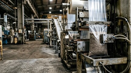 Fototapeta premium vertical form fill seal packaging machine producing flexible industrial product packs within automated manufacturing and packaging environment