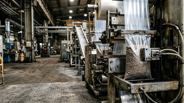 vertical form fill seal packaging machine producing flexible industrial product packs within automated manufacturing and packaging environment