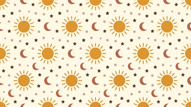 Seamless boho sun moon star pattern in warm tones for fabric and wallpaper