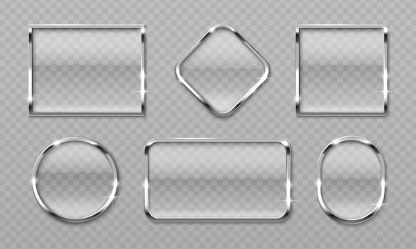 Glossy chrome button with metallic silver frame, shiny glass design and realistic glare effect, 3d vector set on transparent background. Modern steel badge icon templates for premium interface