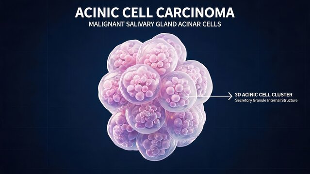 Labeled 3D Microscopic Medical Render of Acinic Cell Carcinoma Malignant Salivary Gland Acinar Cell Cluster, Translucent Lavender Neoplastic Cells Filled with Secretory Granules, White Text Title & Ar