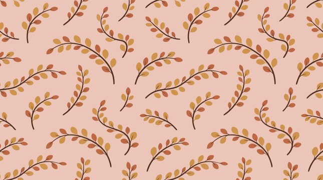 Seamless autumn leaf pattern with brown branches on pastel pink background vector