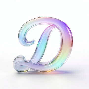 ガラス調のアルファベットD。虹色に輝く立体的なクローム3D文字。イラスト。Glass alphabet D. Holographic 3D chrome letter text. Vector illustration design.