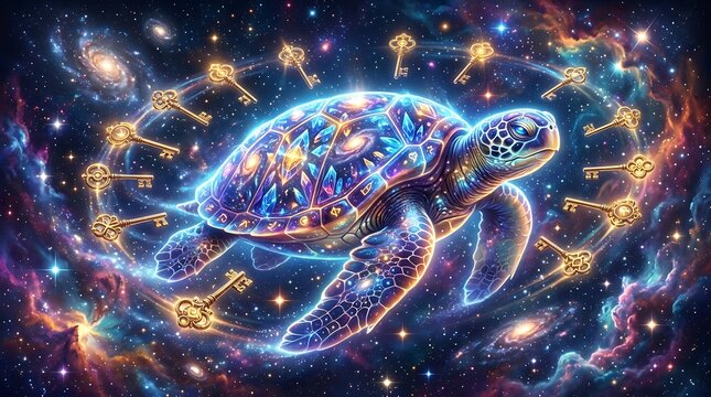 Cosmic sea turtle swimming through a vibrant nebula, shell adorned with glowing crystals and zodiac symbols, surrounded by floating golden keys