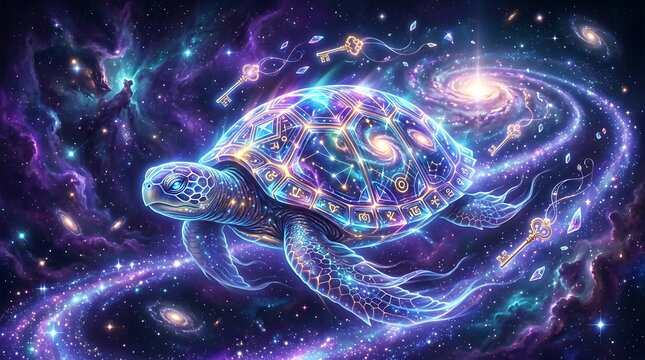 Cosmic sea turtle swimming through a swirling nebula, shell adorned with glowing constellations and zodiac symbols, surrounded by golden keys