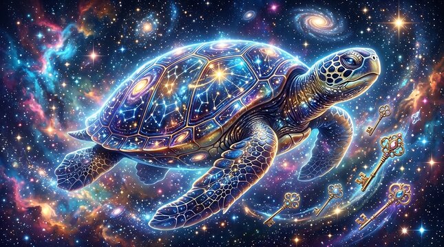 Ethereal sea turtle swimming through a starry galaxy, shell covered in glowing constellations and star maps, with floating golden skeleton keys