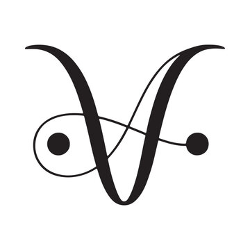 Calligraphic letter v with dots black vector illustration on white background