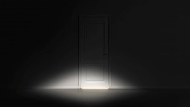 Centered dark interior door revealing growing warm underglow across floor and wall