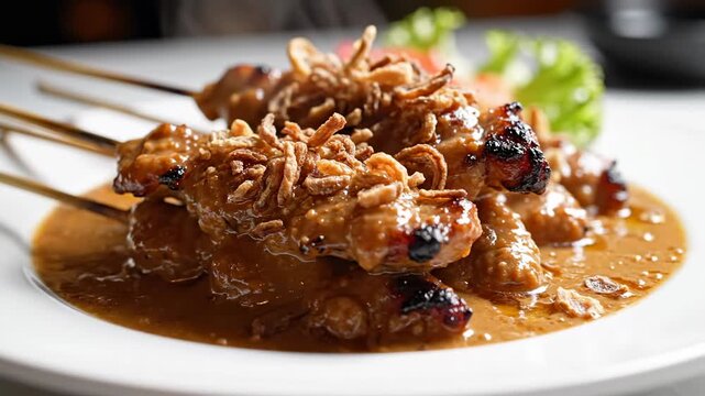 A plate of satay with peanut sauce.