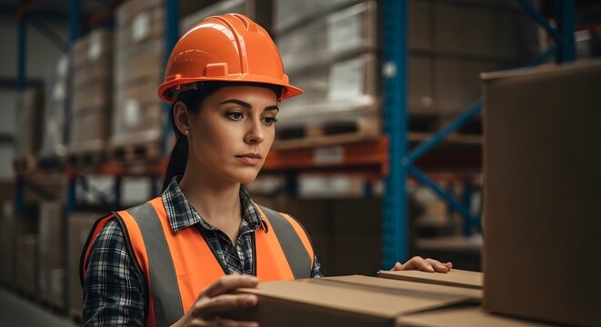 Happy labor day female warehouse worker inspecting packages celebrating american workers