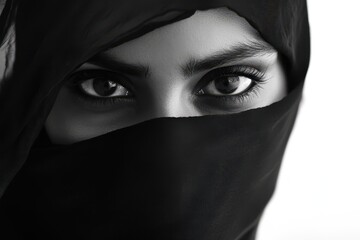 Naklejka premium Closeup portrait of a woman with intense eyes wearing a black hijab, emphasizing her gaze and traditional head covering in a dramatic monochrome style