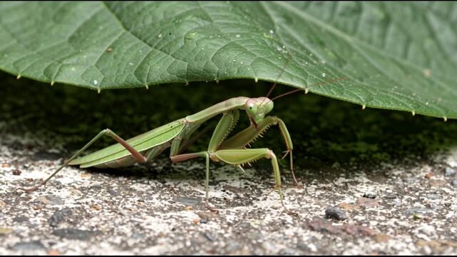 Green Praying Mantis Under Leaf.