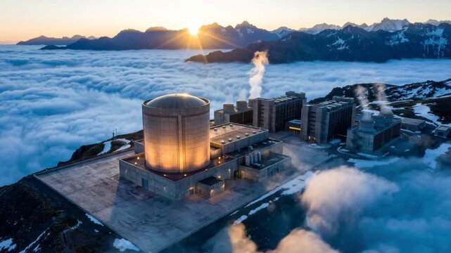 Aerial of a mountain plateau reactor and data center above the clouds at dawn