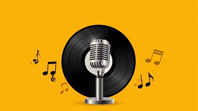 A vintage silver microphone stands in front of a black vinyl record on yellow