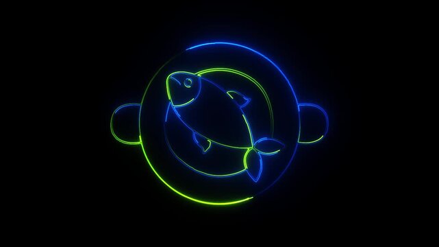 Glowing Neon Line Art Animation of Fish Served on a Plate in a Pan, Seafood Restaurant and Cooking Concept, Vibrant Blue and Green Futuristic LED Icon Loop on Black Background