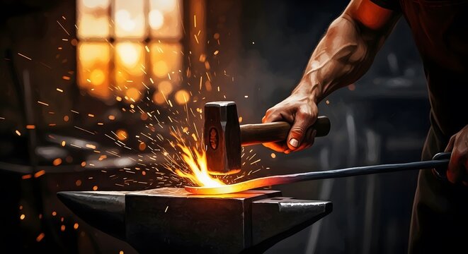 Happy labor day blacksmith at work with hammer and anvil