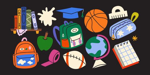 Back to school educational elements set with schoolbag, books, globe, basketball, notebook and stationery in cartoon retro style. Vector educational stickers collection © luamor