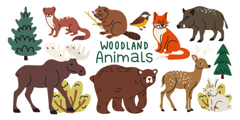 Obraz premium Cute woodland animals collection in cartoon doodle style. Forest wildlife collection with bear, fox, deer, rabbit, beaver, boar, moose and trees. Autumn wild nature vector illustration