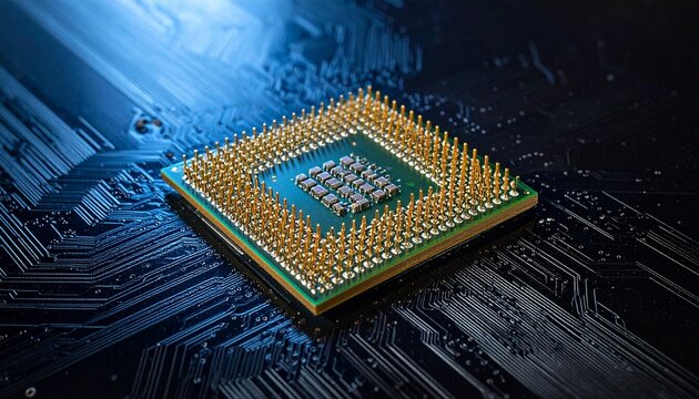 Detailed close up view of a central processing unit cpu chip with gold pins mounted on a high tech computer motherboard circuit board.
